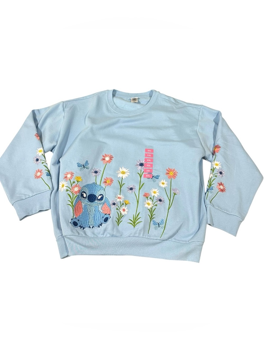 Disney Stitch Floral Embroidered Light Blue Sweatshirt XXL NWT